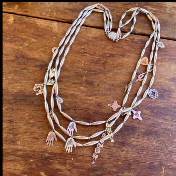 Sterling Silver Beaded Charm Necklace Southwestern - Picture 1 of 6